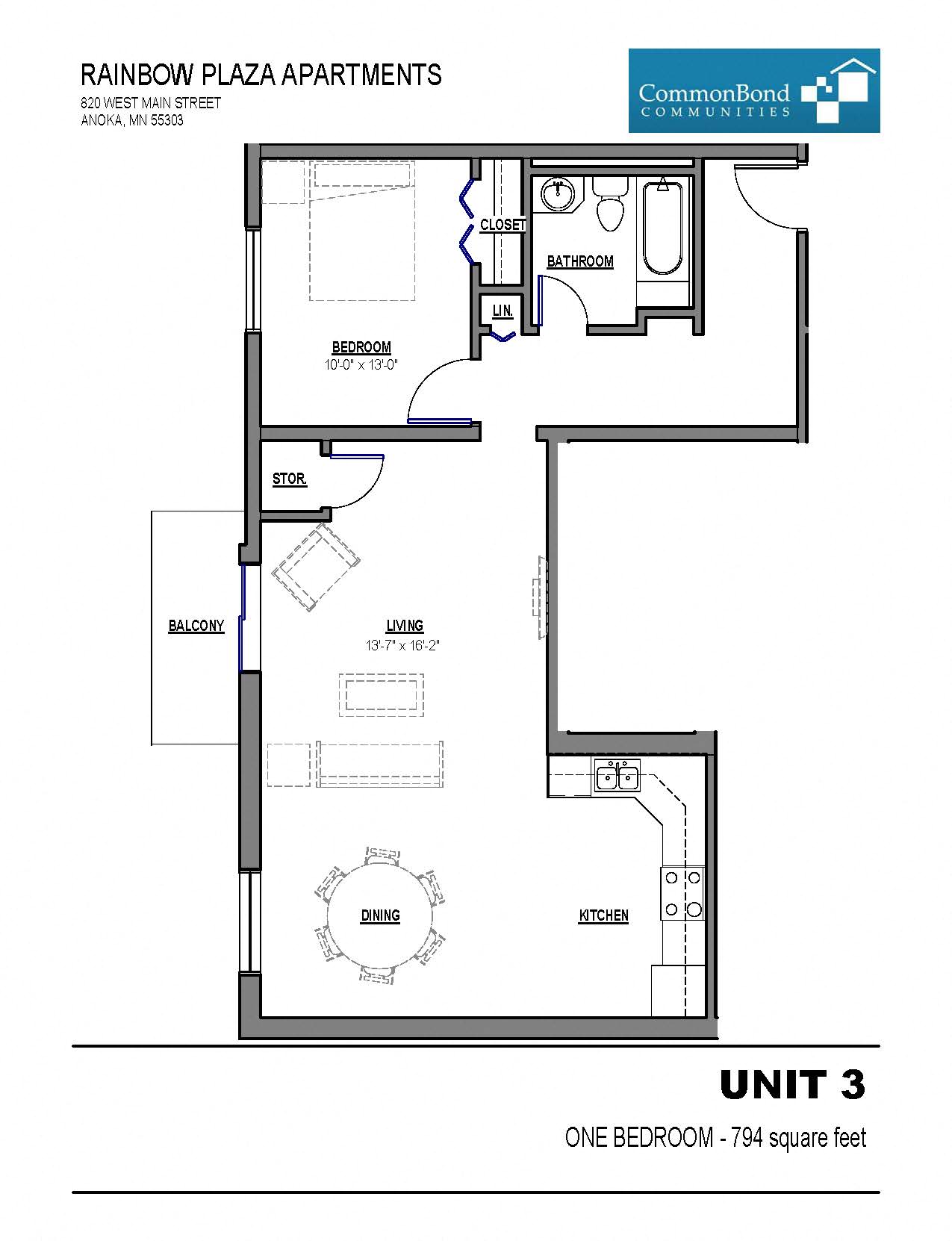 Floor plan for 1 bed, 1 bath, 794 sqft